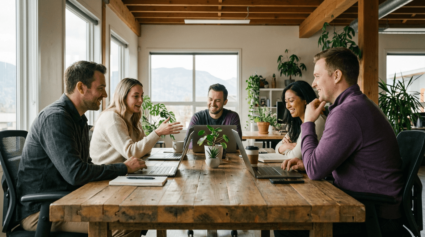 The Actify team gathered around a wooden table in their Kelowna office