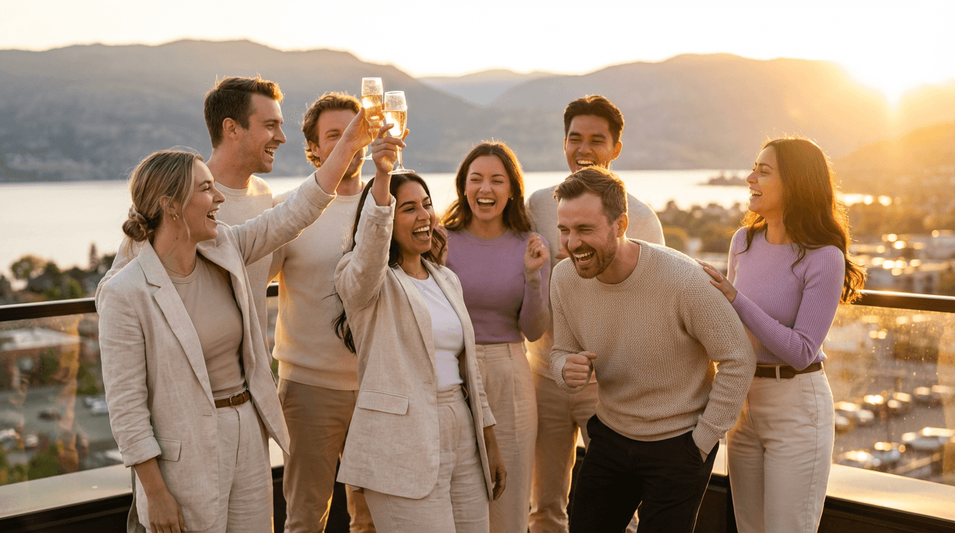 A happy team of coworkers laughing together outdoors