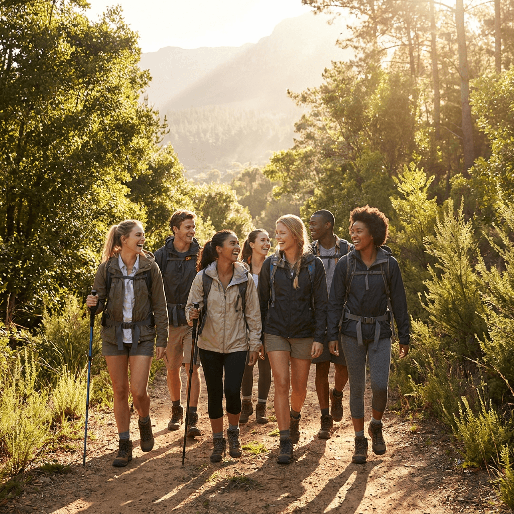 Team hiking on a mountain trail