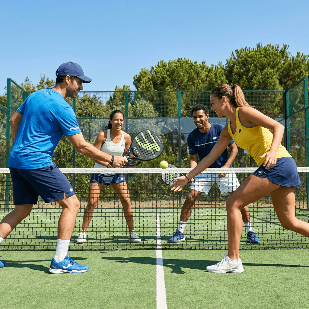 Colleagues playing paddle tennis