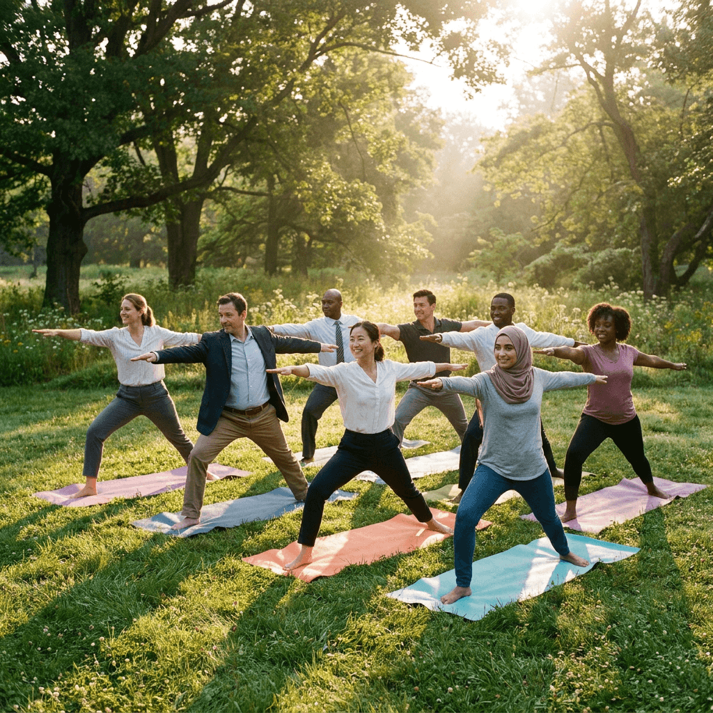 Group yoga session in a park