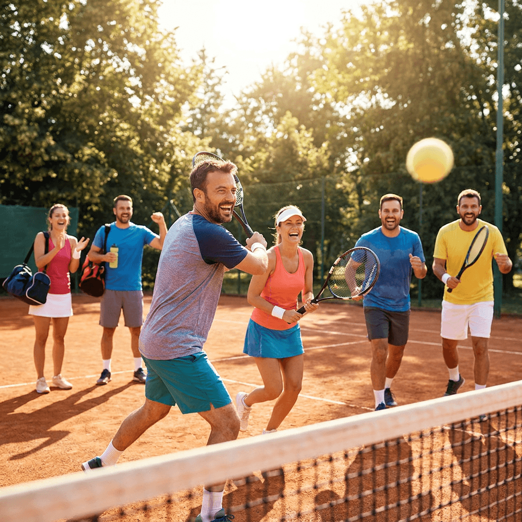 Coworkers playing tennis and enjoying recreational sports together