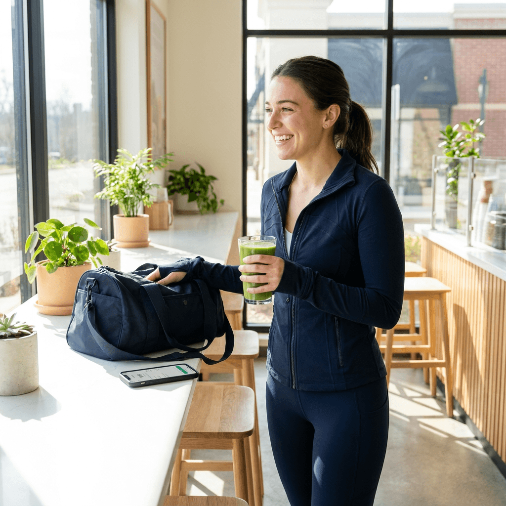 Employee enjoying a smoothie after a fitness class