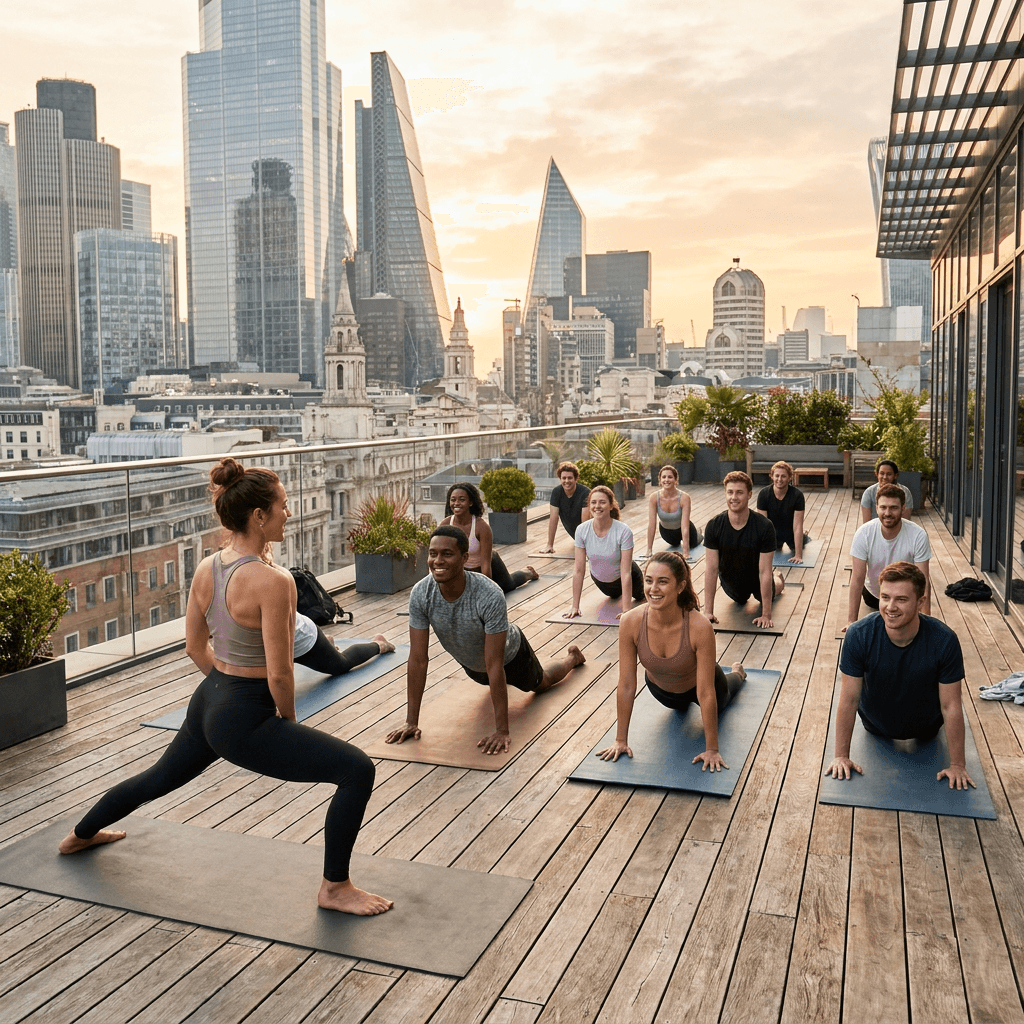 Employees enjoying a group yoga session on a rooftop garden