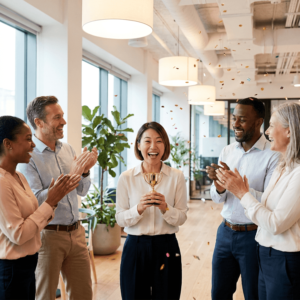 Employee receiving recognition award during a team gathering