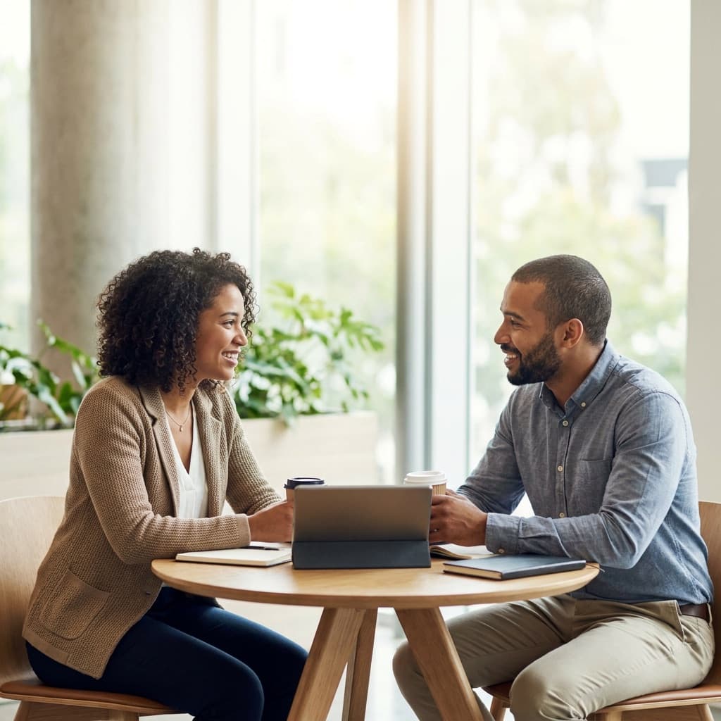 Two coworkers having a calm, constructive conversation in a meeting room