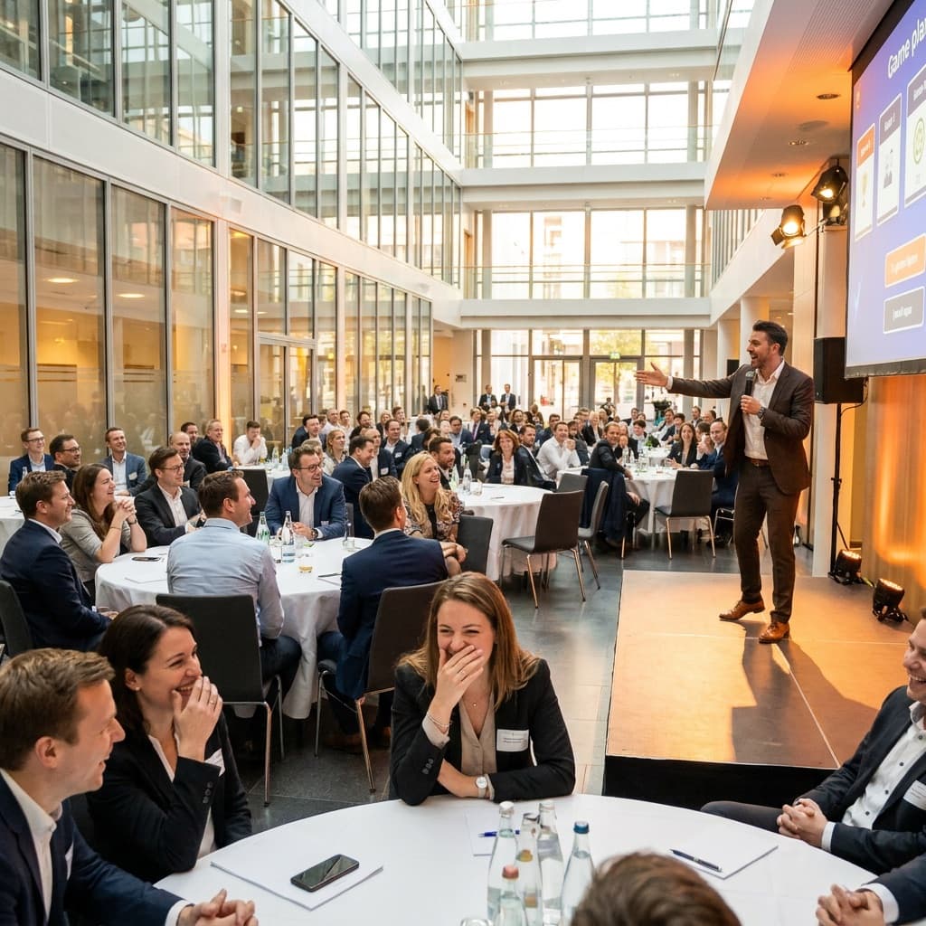 Professionals laughing during an interactive corporate event