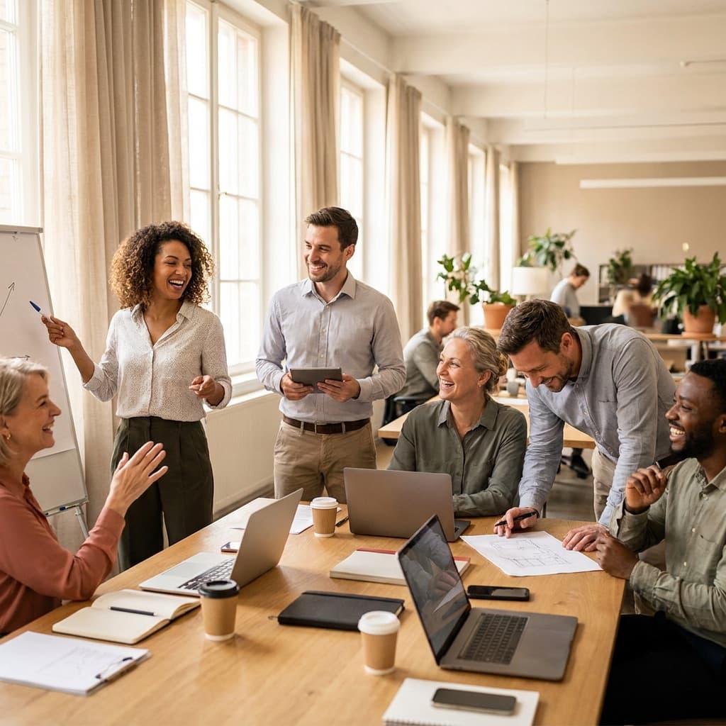 Engaged employees collaborating in a bright open office