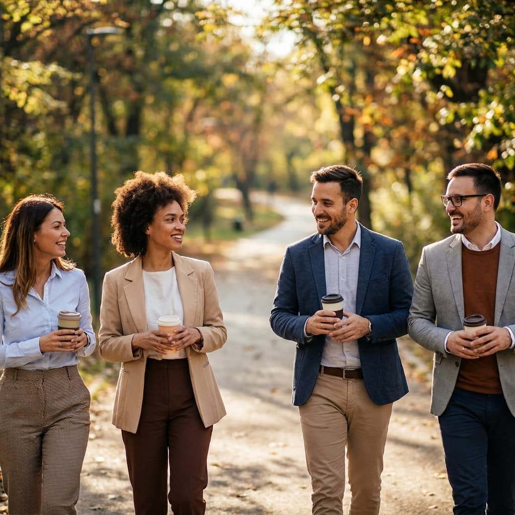 Coworkers on a friendly outdoor walking meeting