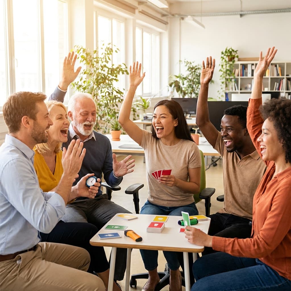 Office team laughing during a quick interactive game
