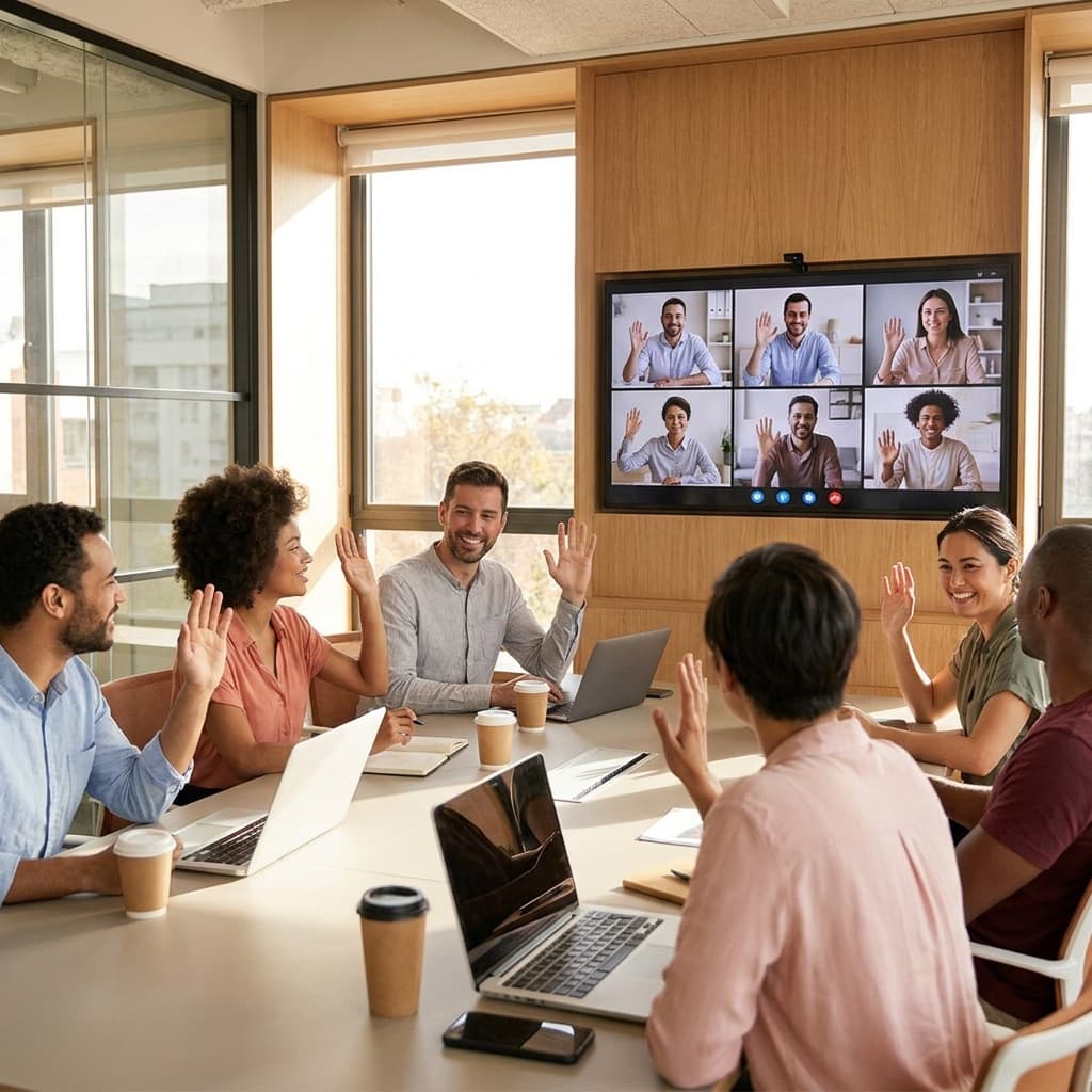 Hybrid team meeting with in-room and on-screen remote colleagues