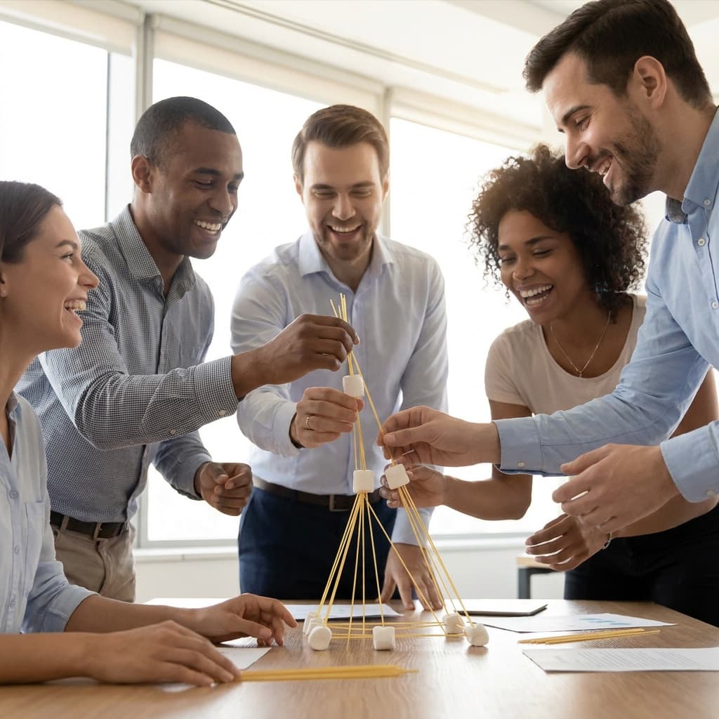 Team building a spaghetti tower during an indoor challenge