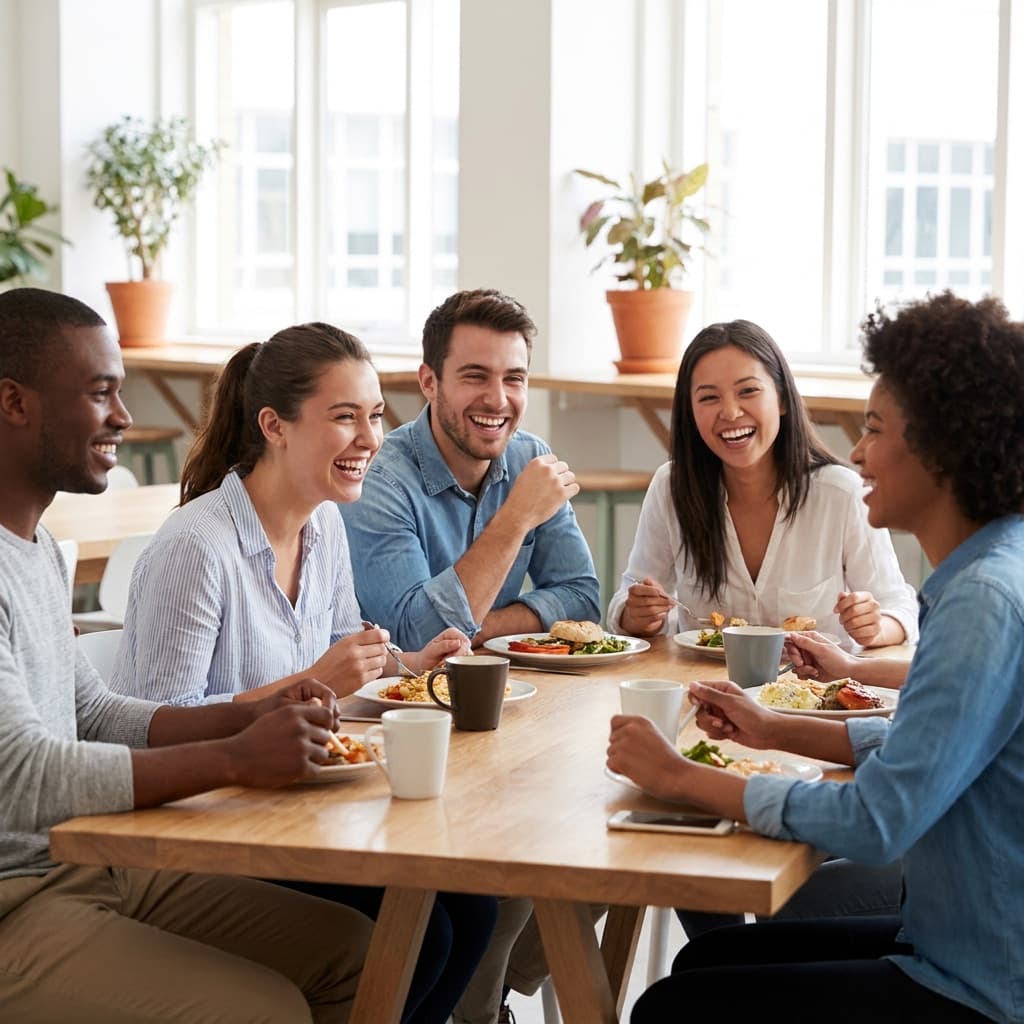 Interns having a relaxed lunch together at an office cafe