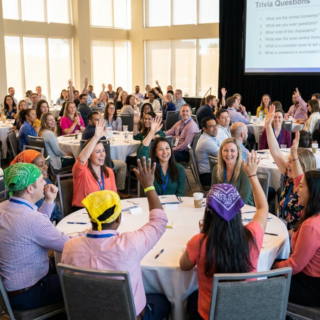 Large group competing in a team trivia tournament in an event hall