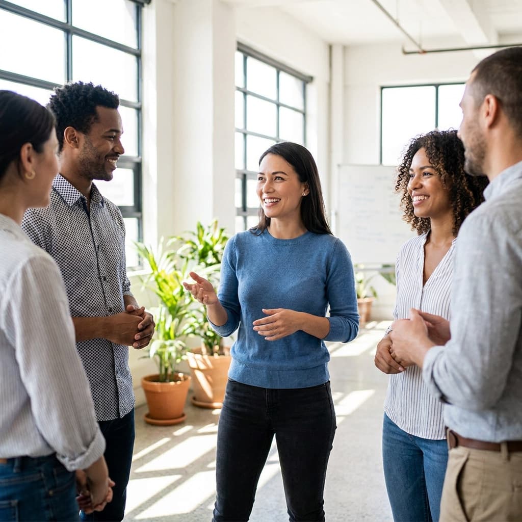 Team sharing highlights during a quick stand-up meeting