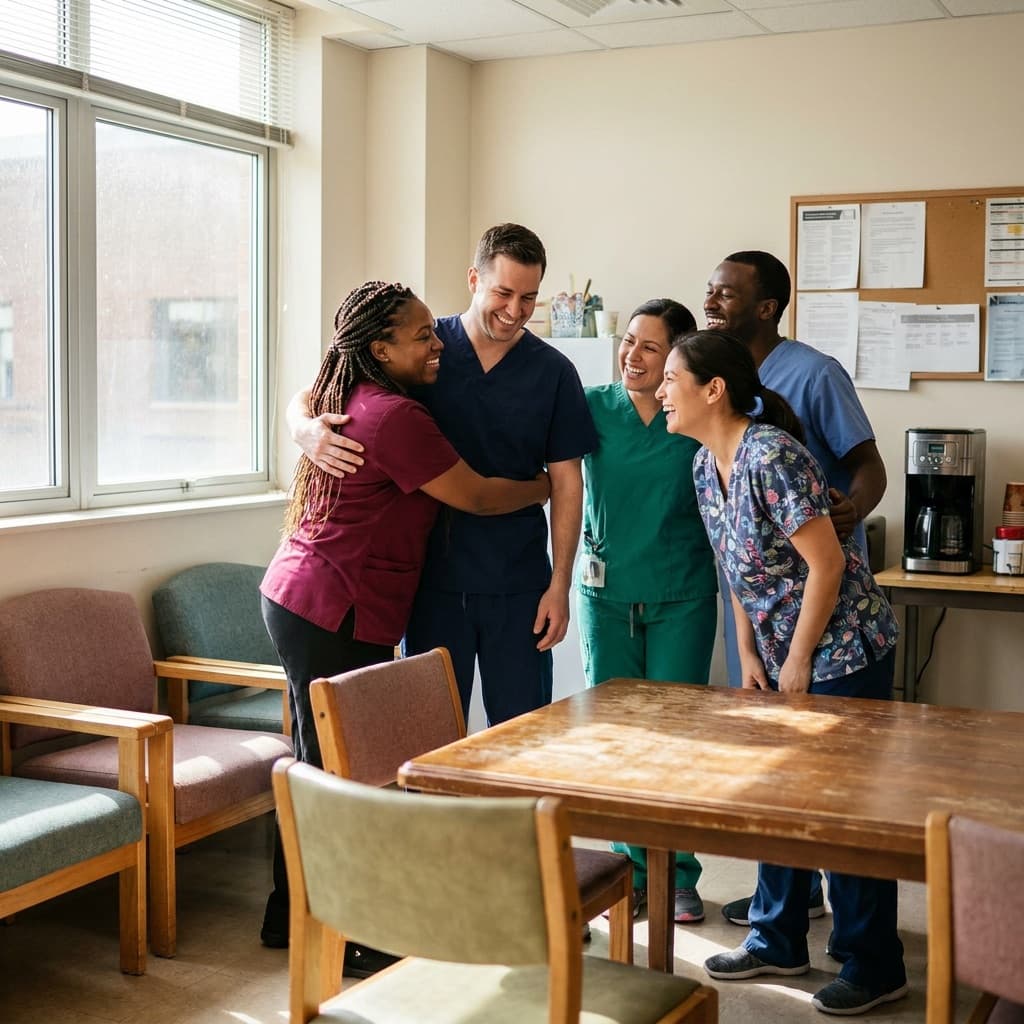Healthcare workers sharing a supportive moment in a break room