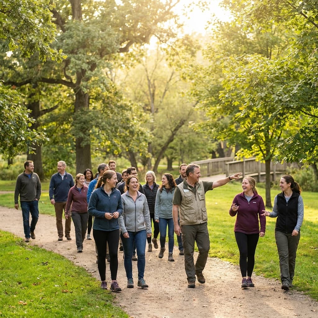 Team on a guided nature walk in a sunny park