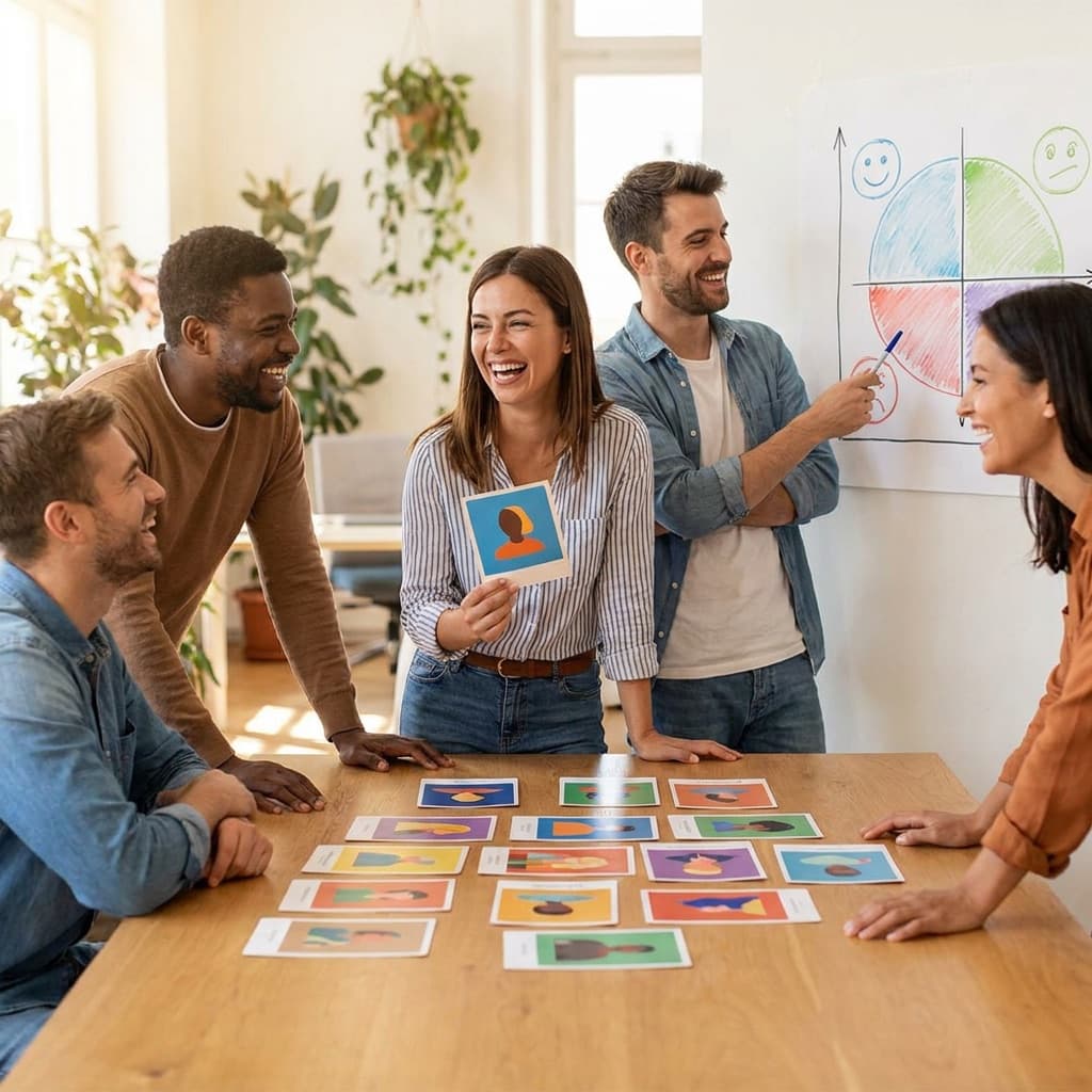 Coworkers discussing personality-style cards at a table