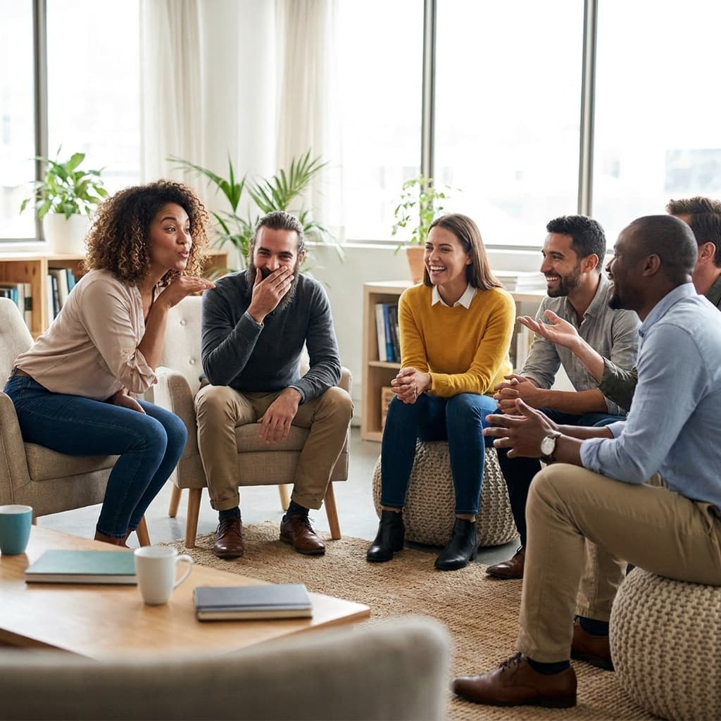 Small team laughing while answering a fun question in a circle