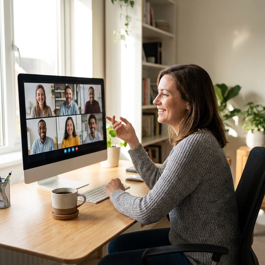 Remote worker on a friendly video call with colleagues
