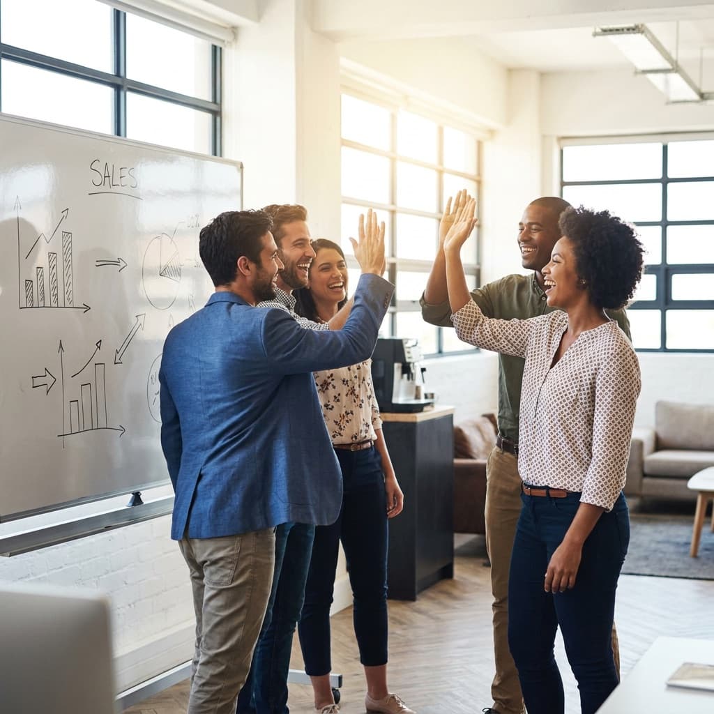 Sales team celebrating near a whiteboard in a modern office
