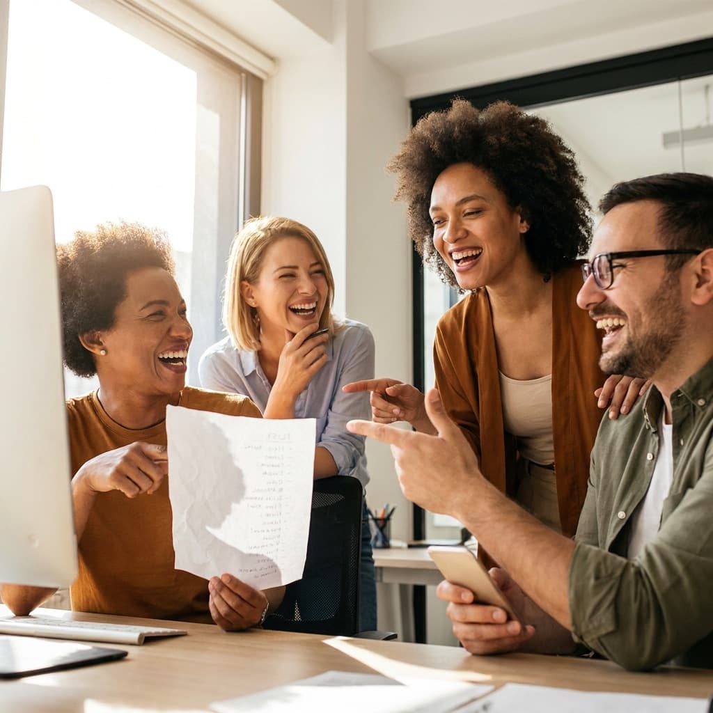 Adults laughing during an office scavenger hunt