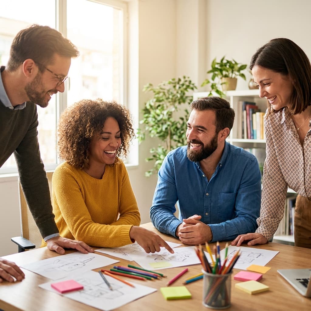 Four coworkers collaborating on a creative challenge