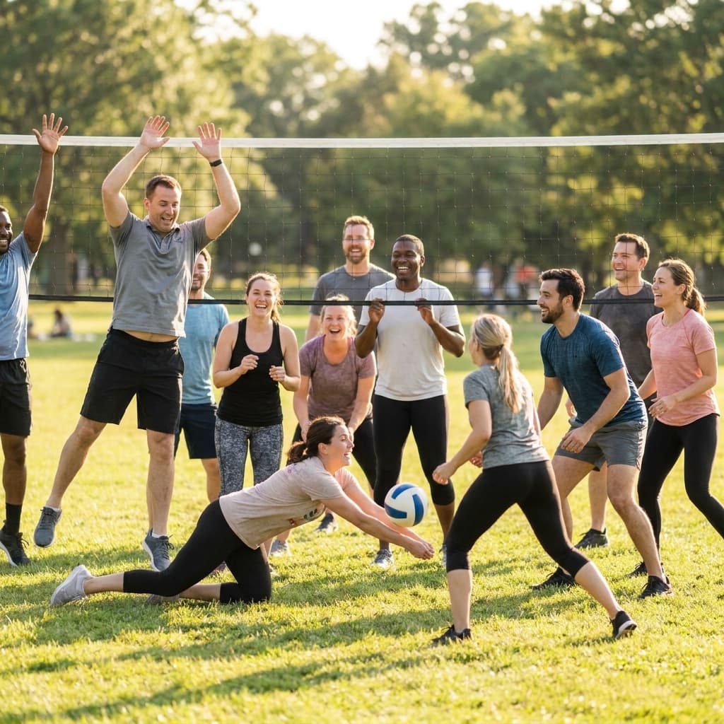 Coworkers playing a casual inclusive volleyball game