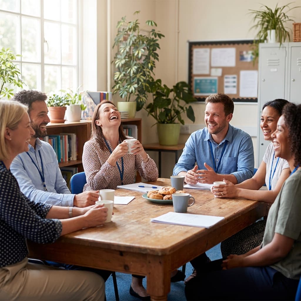 Teachers sharing a lighthearted moment in a staff room