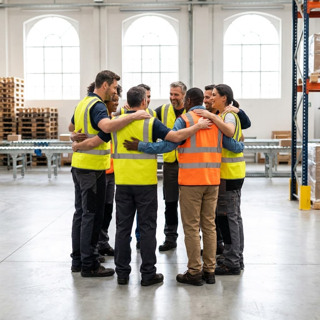 Warehouse workers in safety vests in a positive team huddle