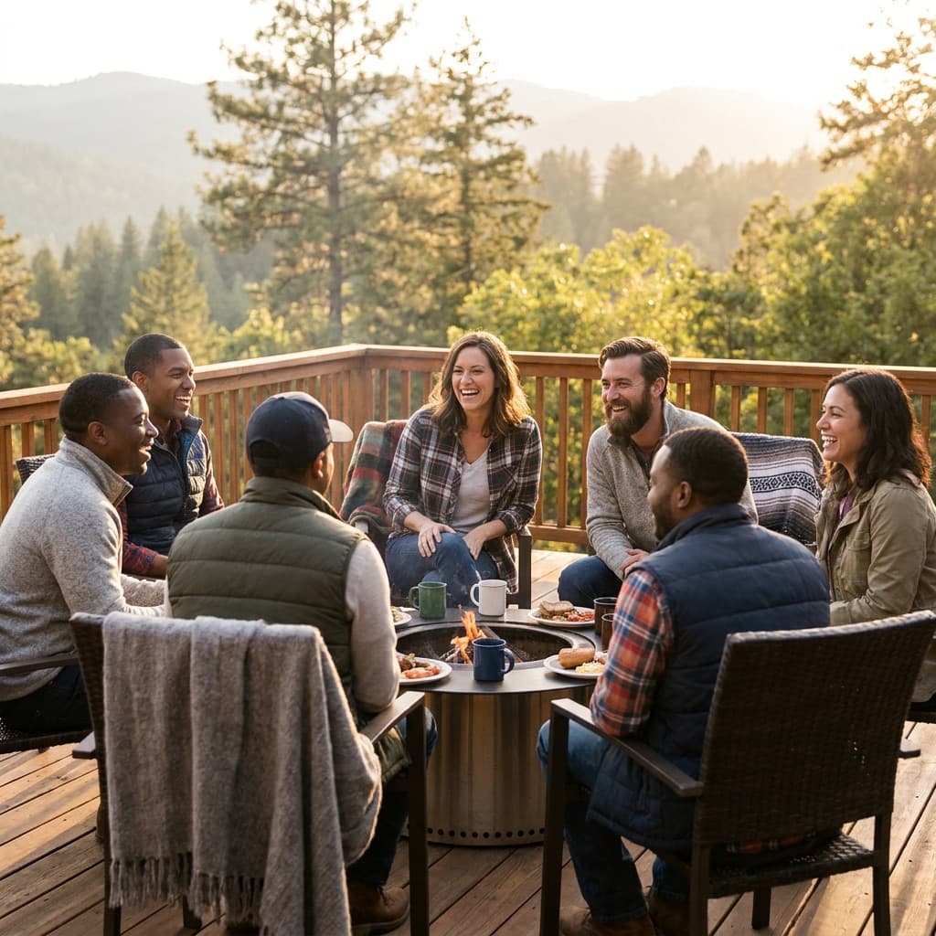 Team bonding at an outdoor work retreat at golden hour