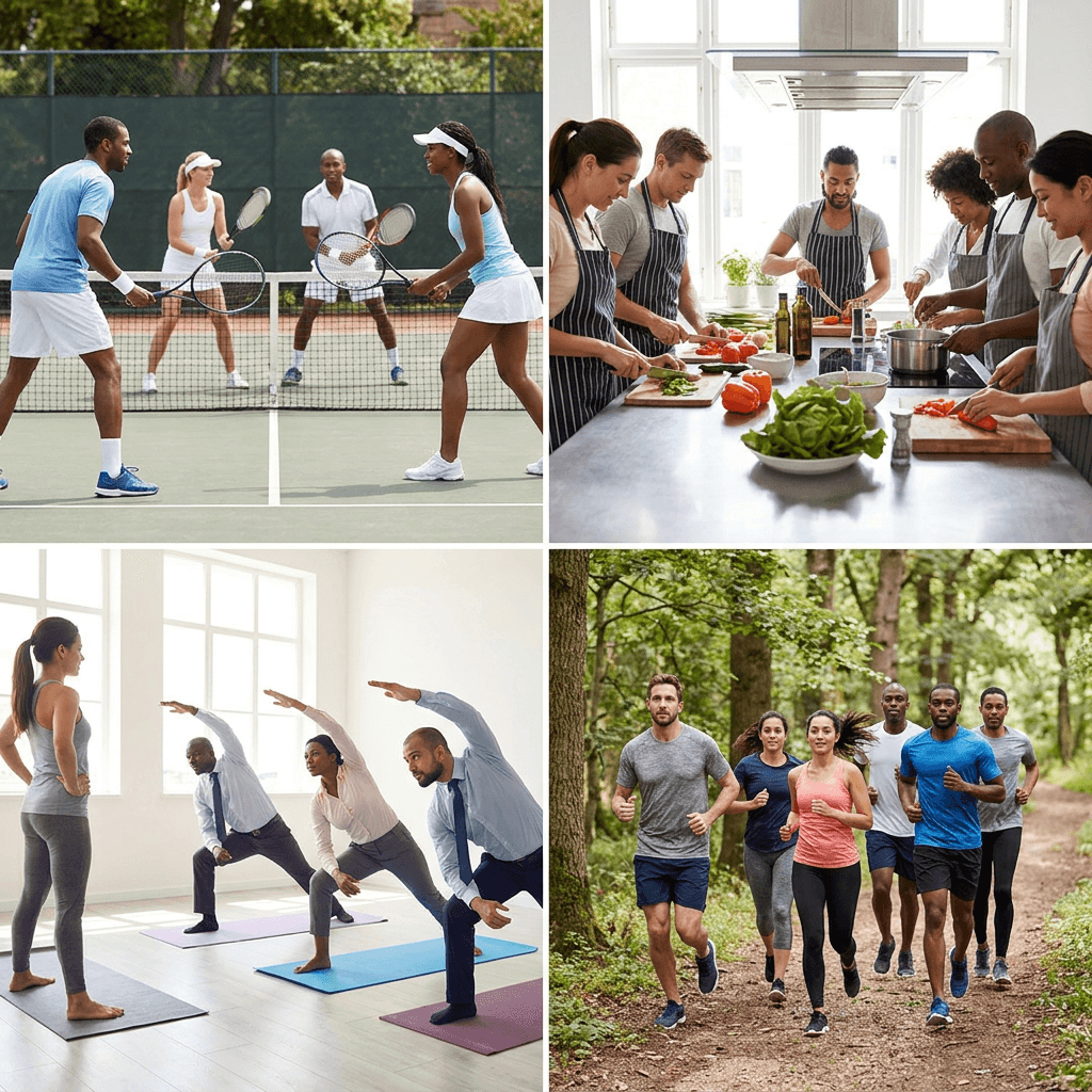 Activity collage: tennis, cooking, yoga, and running