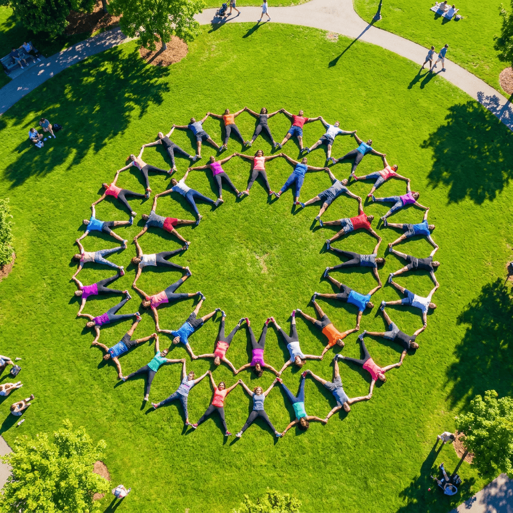 Birds-eye view of diverse coworkers doing team-building exercises outdoors