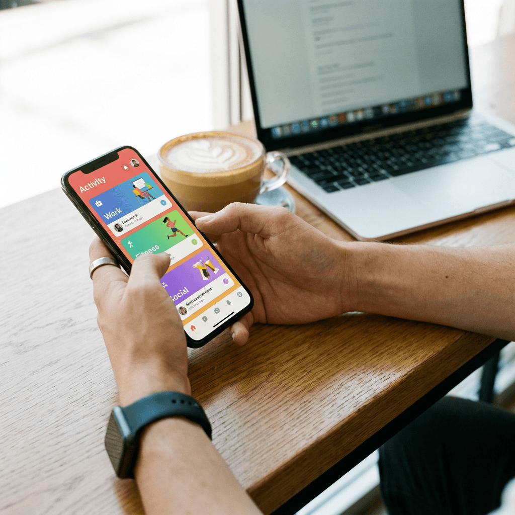 Employee browsing activity feed on smartphone