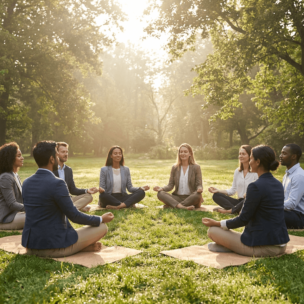 Office workers enjoying a serene outdoor meditation session in a park