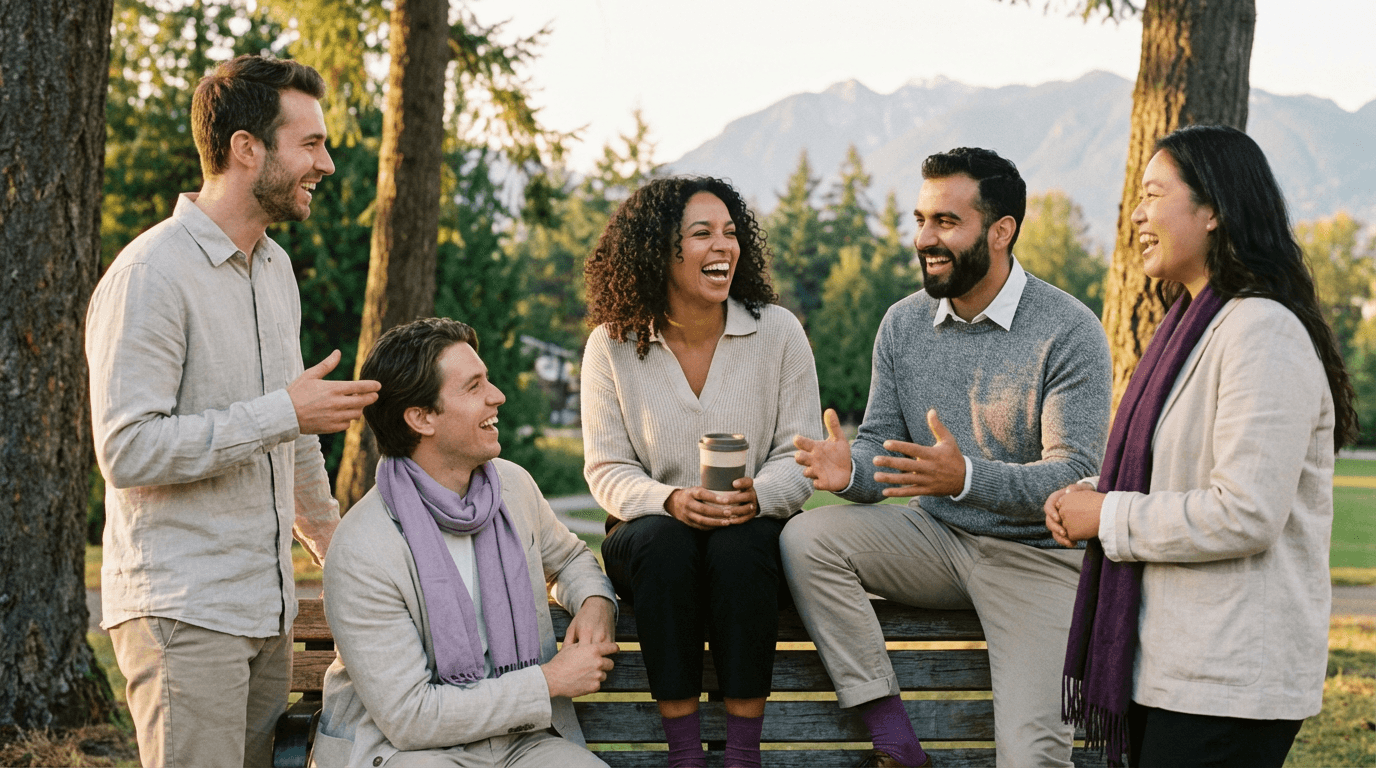 A diverse team of coworkers laughing together outdoors during an Actify activity
