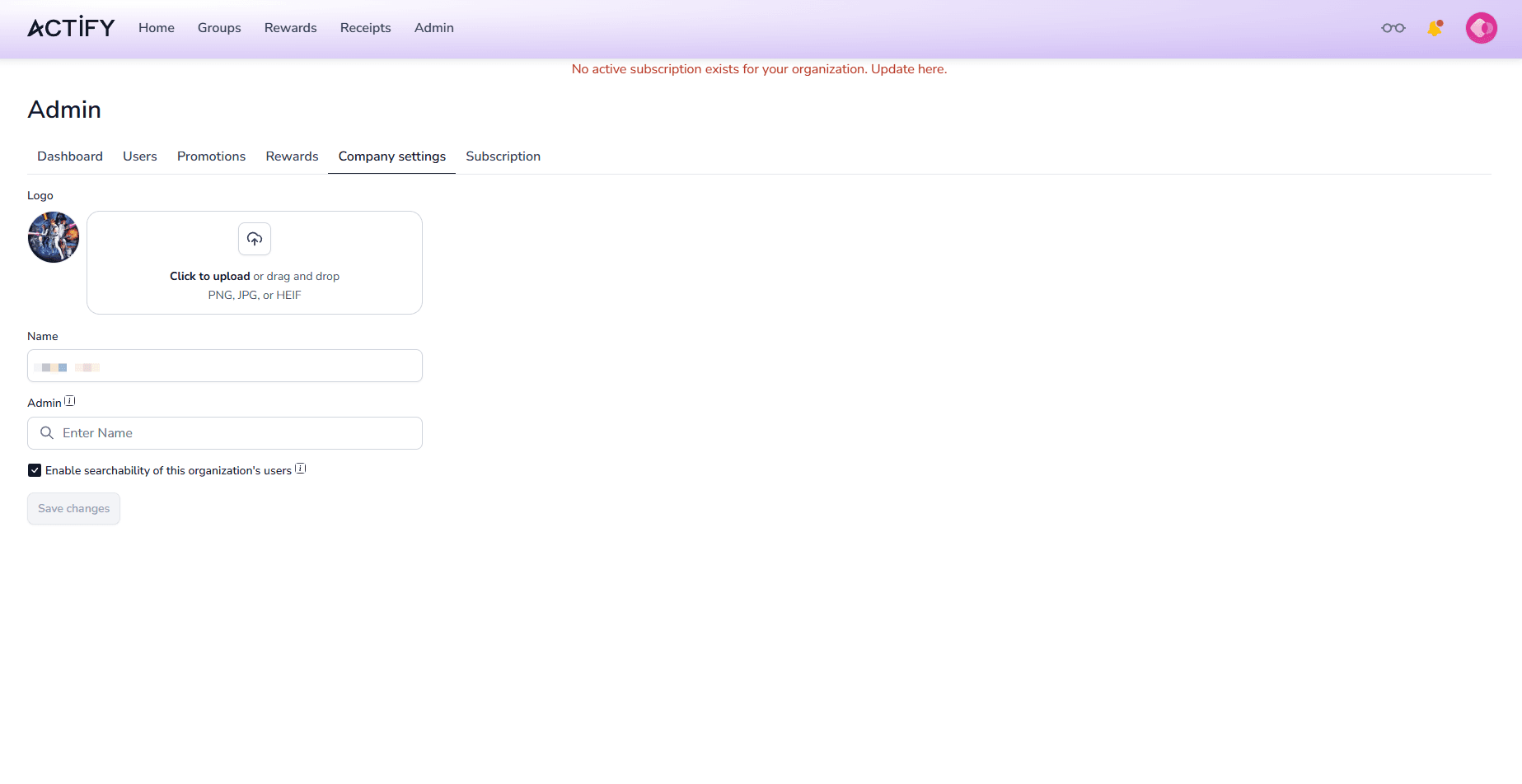 Actify company settings with logo upload and organisation name