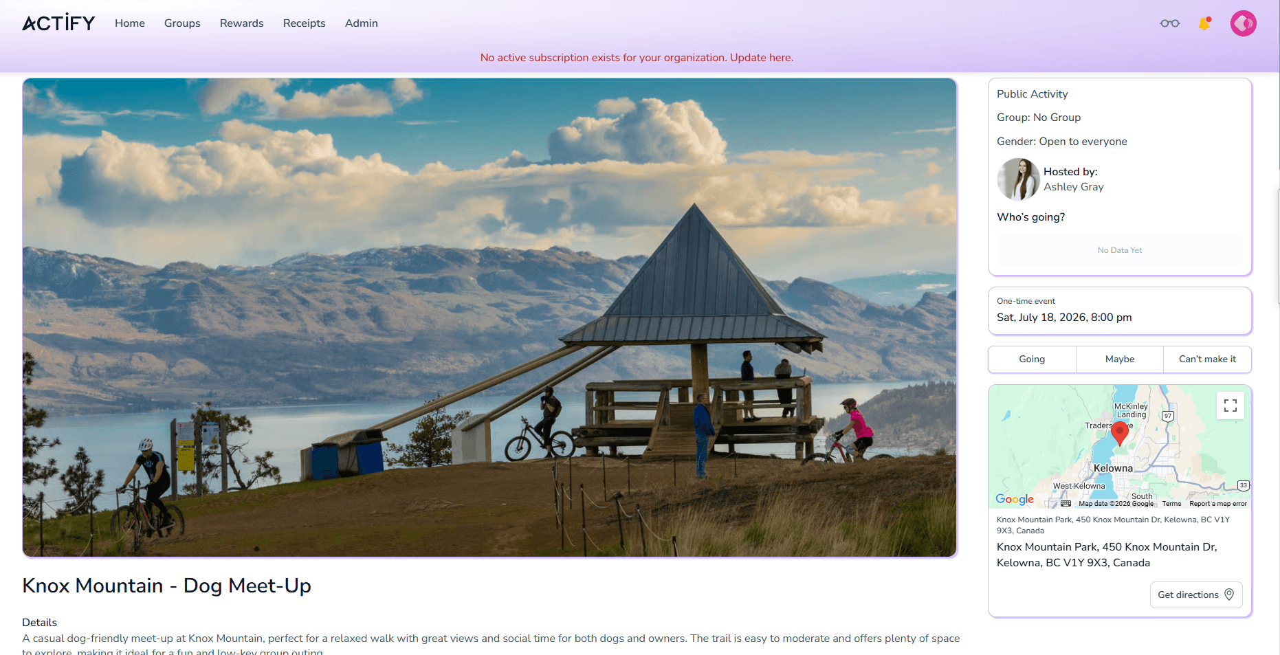 Actify event detail page for a Knox Mountain dog meet-up with a map and attendee list