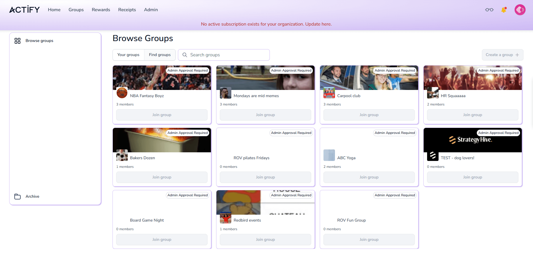 Actify Browse Groups page with a grid of interest groups