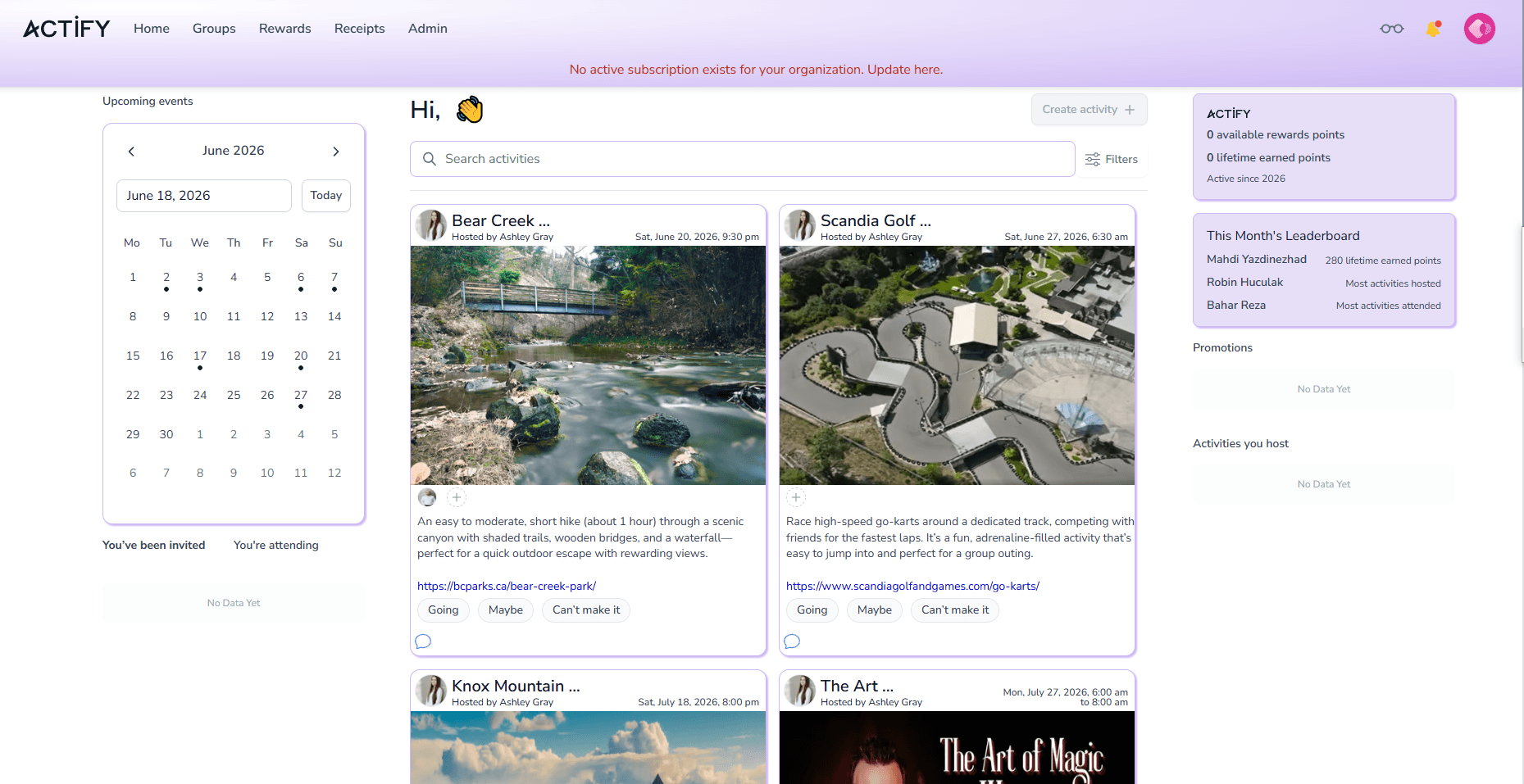 Actify home events feed with a calendar, activity cards, RSVP buttons and a leaderboard