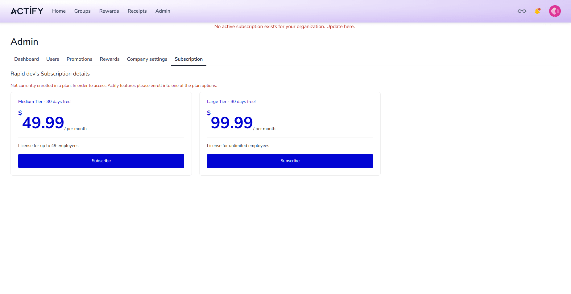 Actify subscription page showing the Medium and Large pricing tiers with a 30-day free trial