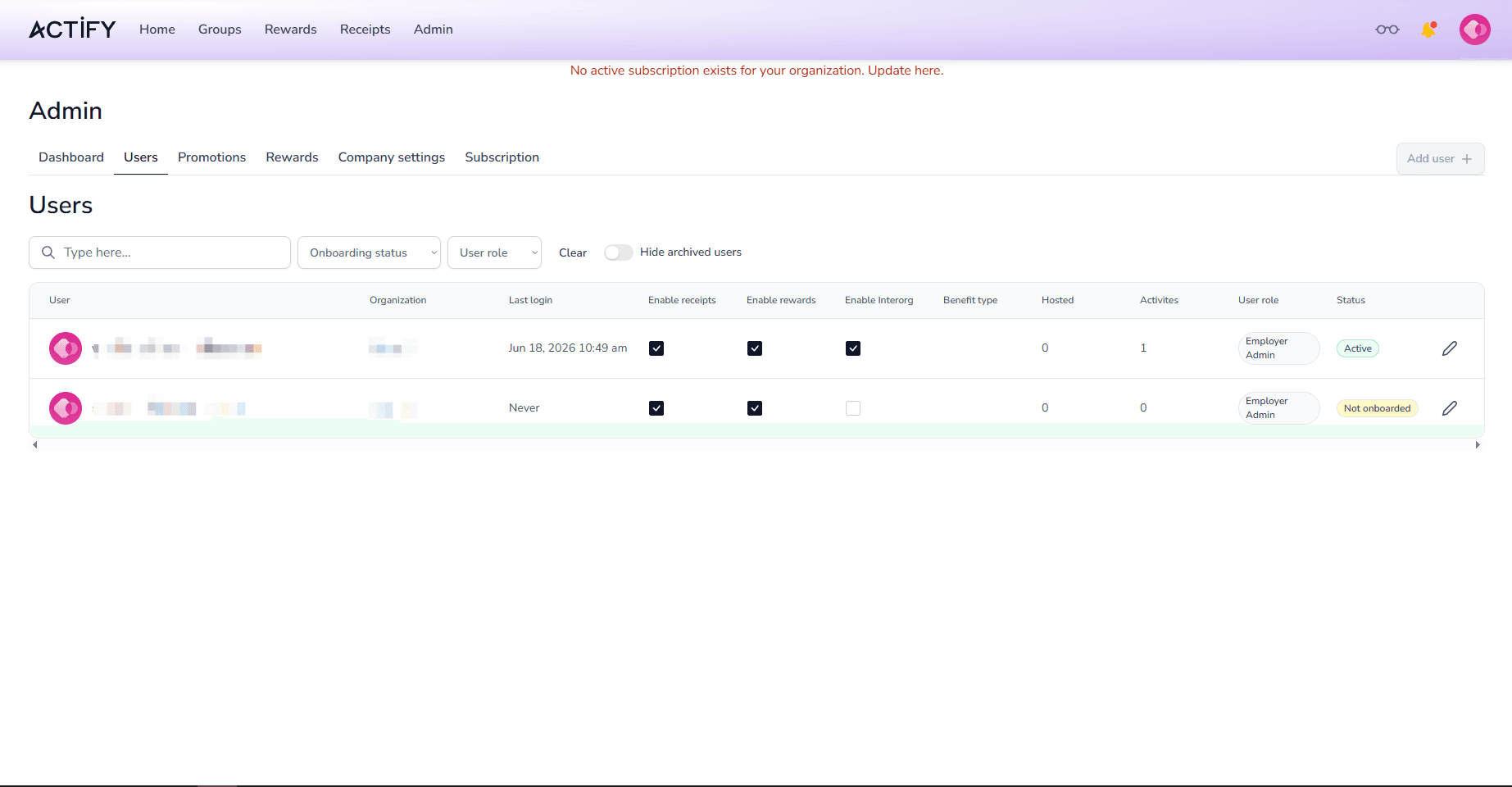 Actify admin users table with onboarding status and roles